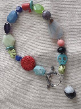 Vintage handmade necklace - multicolor agate, skulls, sterling silver toggle